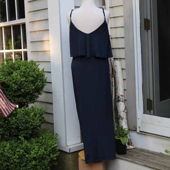 Matty M Navy Blue Overlay Top Low Back Knit Rayon Sleeveless Maxi Dress Sz SMALL - Picture 4 of 8